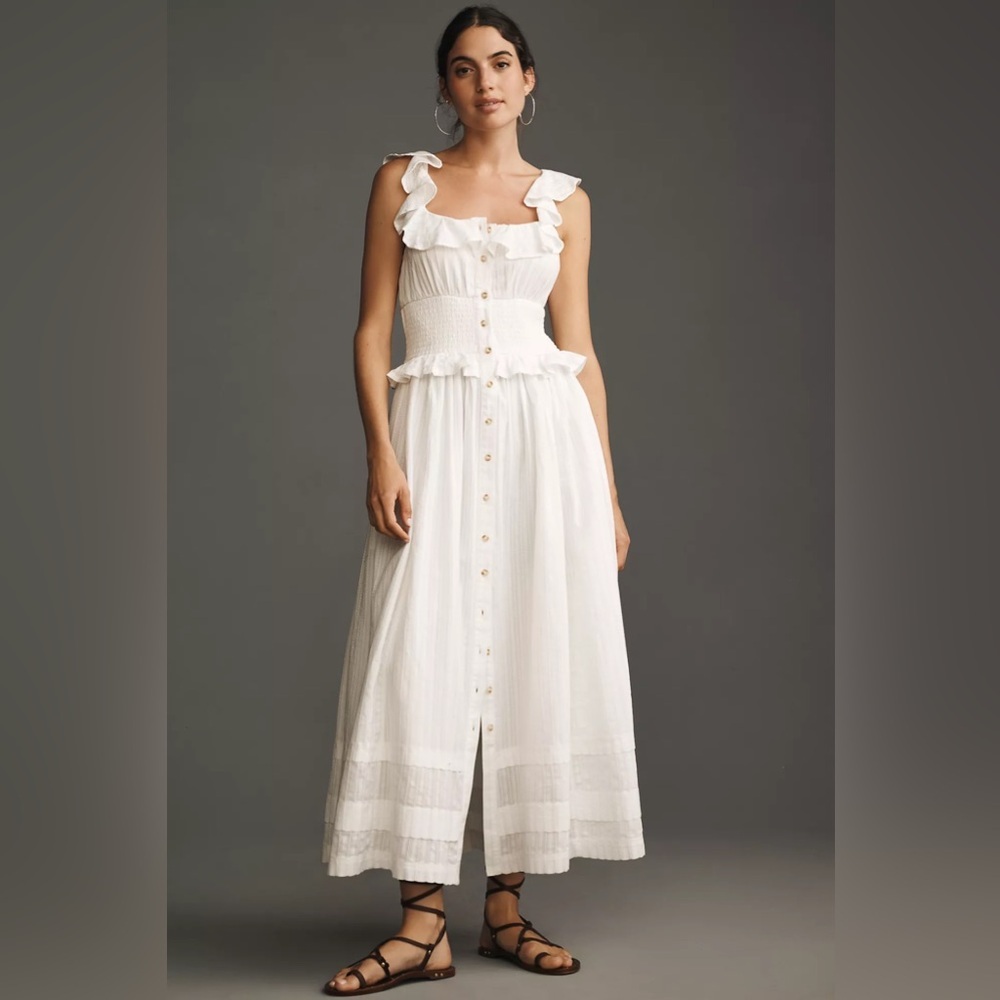 NWT Anthropologie Pilcro Ruffled Smocked-Waist Button-Front Midi Dress - Large 🐾